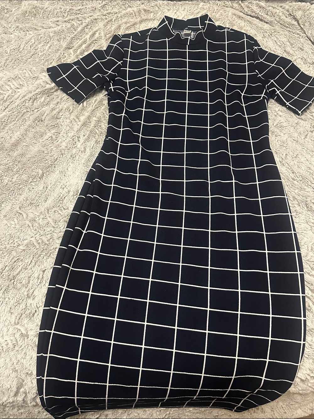 Women’s Navy Windowpane Shift Dress with Short Sleeves